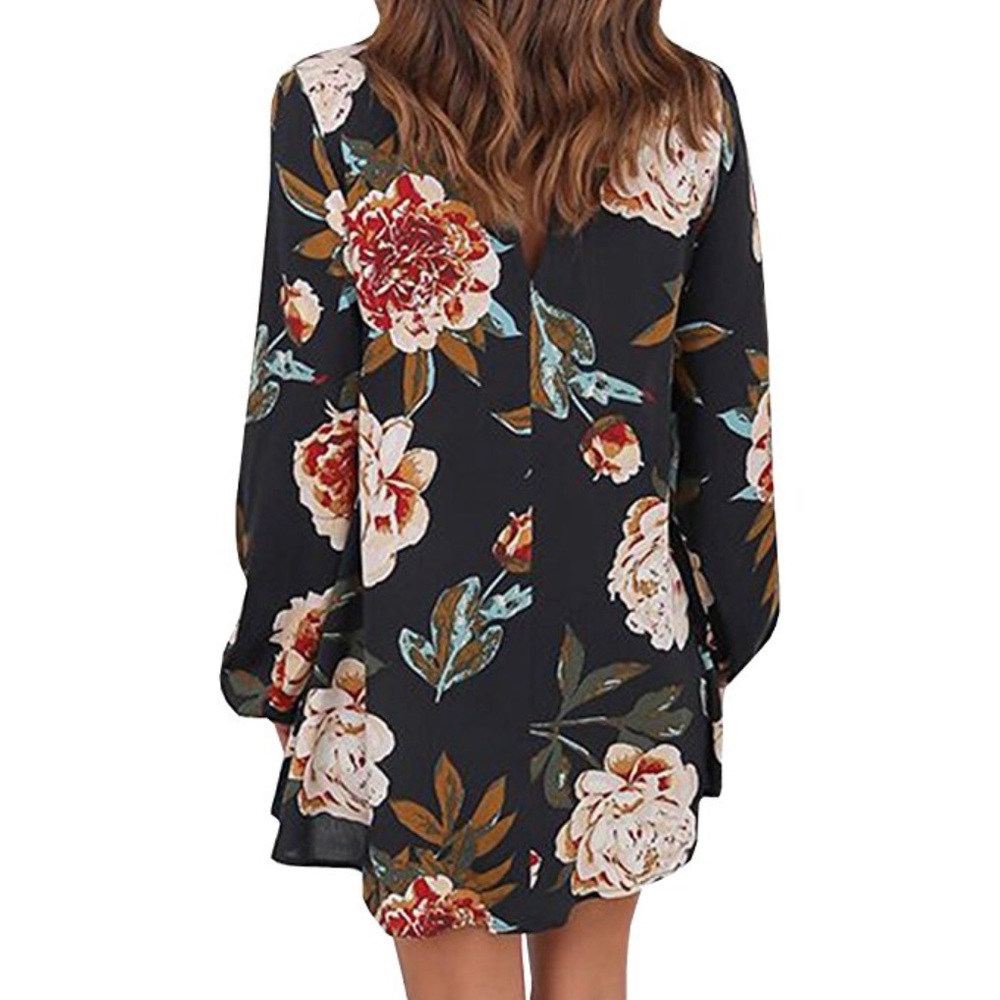 Floral Long Sleeve Choker Neck Tunic Top Shirt - Picture 3 of 4